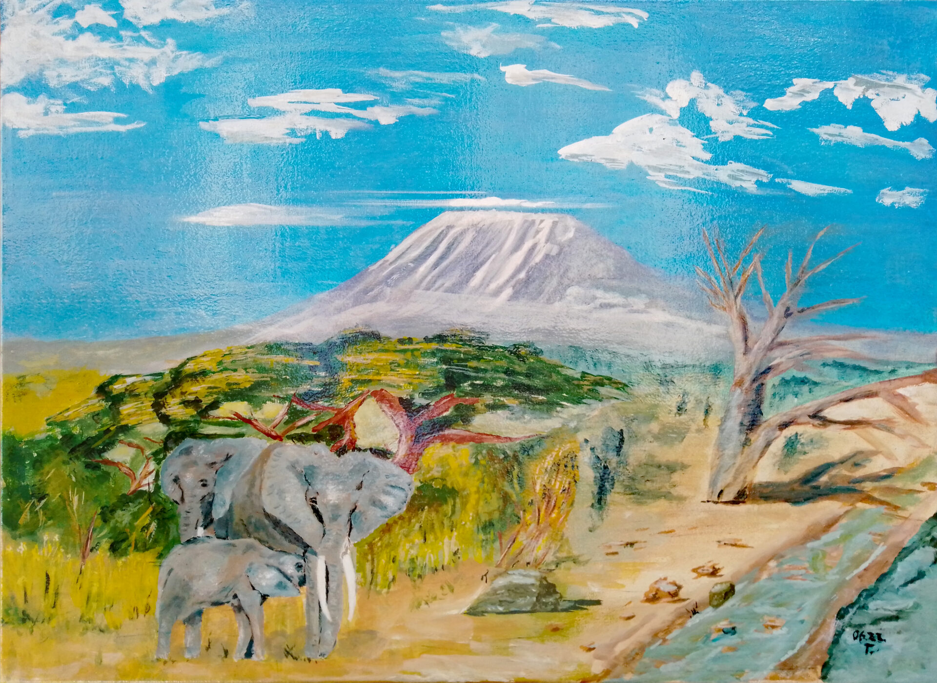 Elefantenfamilie vor Kilimandscharo Acryl auf Leinwand / 70 x 50 cm / 250 €