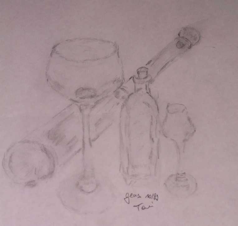 Flaschen und Gläser, Bleistift, Kohle
